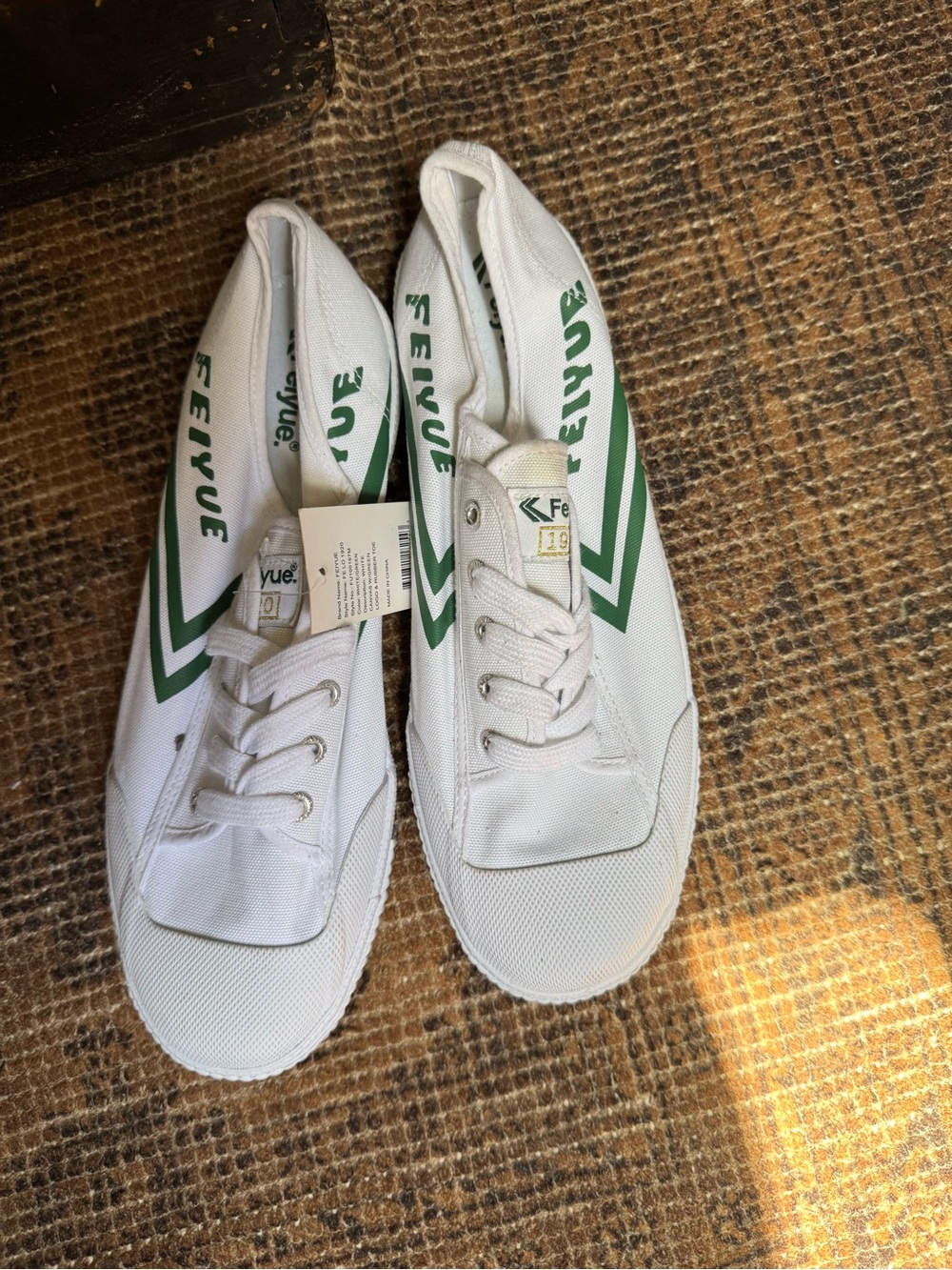 Feiyue White Canvas Sneakers with Green Chevron Accents